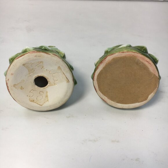 Vintage Christmas Tree Salt Pepper Shaker 2" Ceramic Green White Pinecone Design - Picture 2 of 5